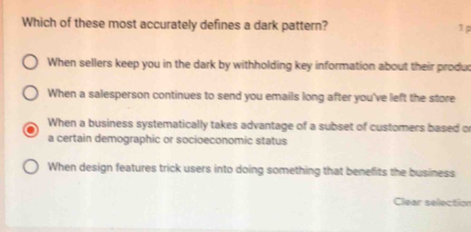 which of these most accurately defines a dark pattern? when sellers kee…