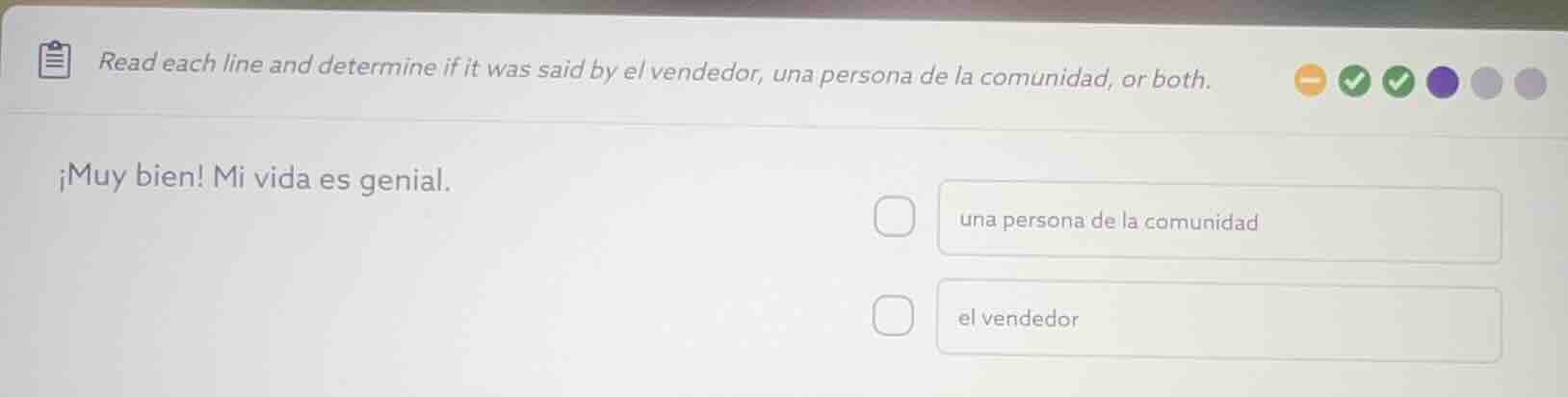 read each line and determine if it was said by el vendedor, una persona…