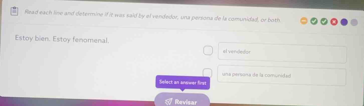 read each line and determine if it was said by el vendedor, una persona…