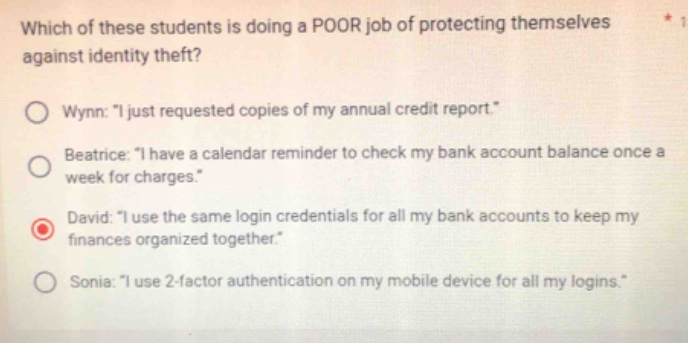 which of these students is doing a poor job of protecting themselves ag…