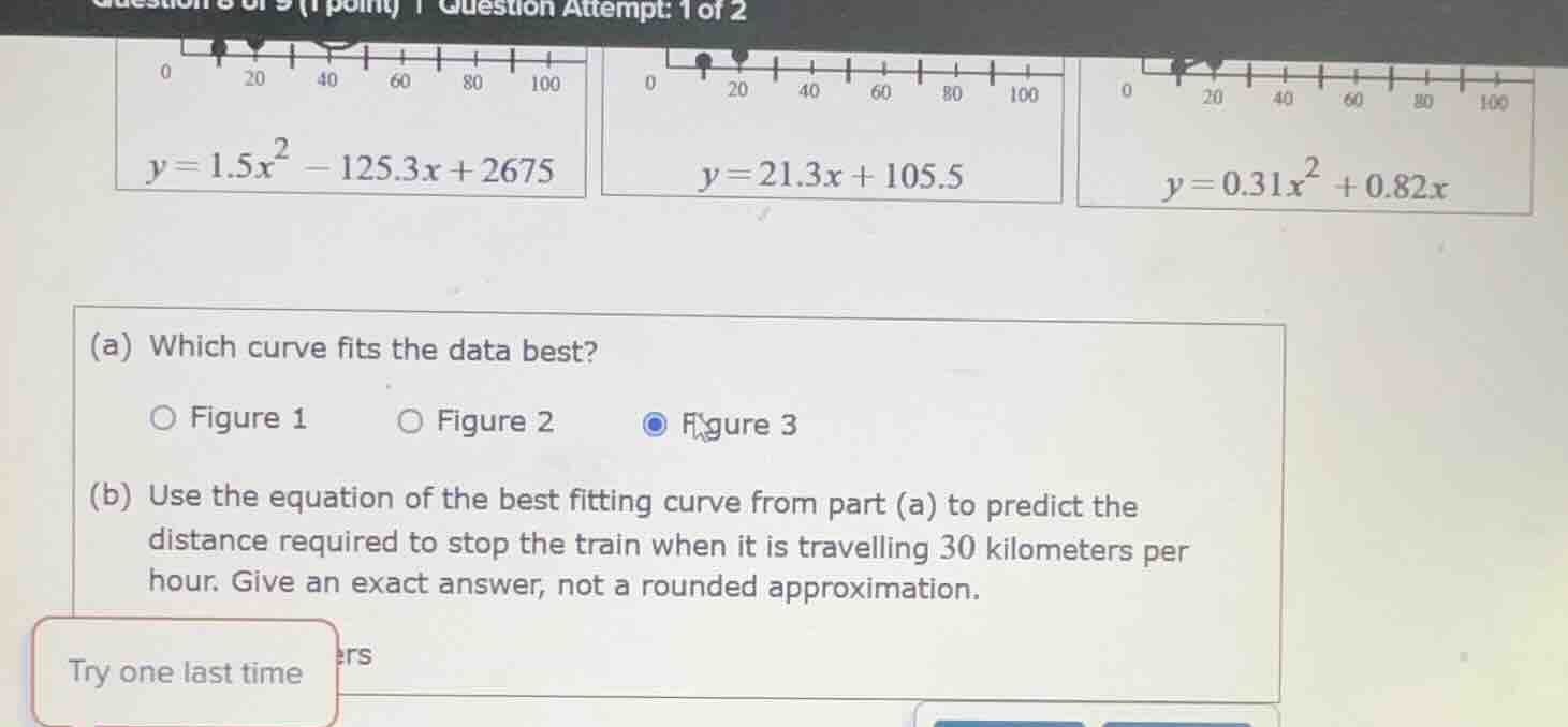 question attempt: 1 of 2 y = 1.5x² - 125.3x + 2675 y = 21.3x + 105.5 y …