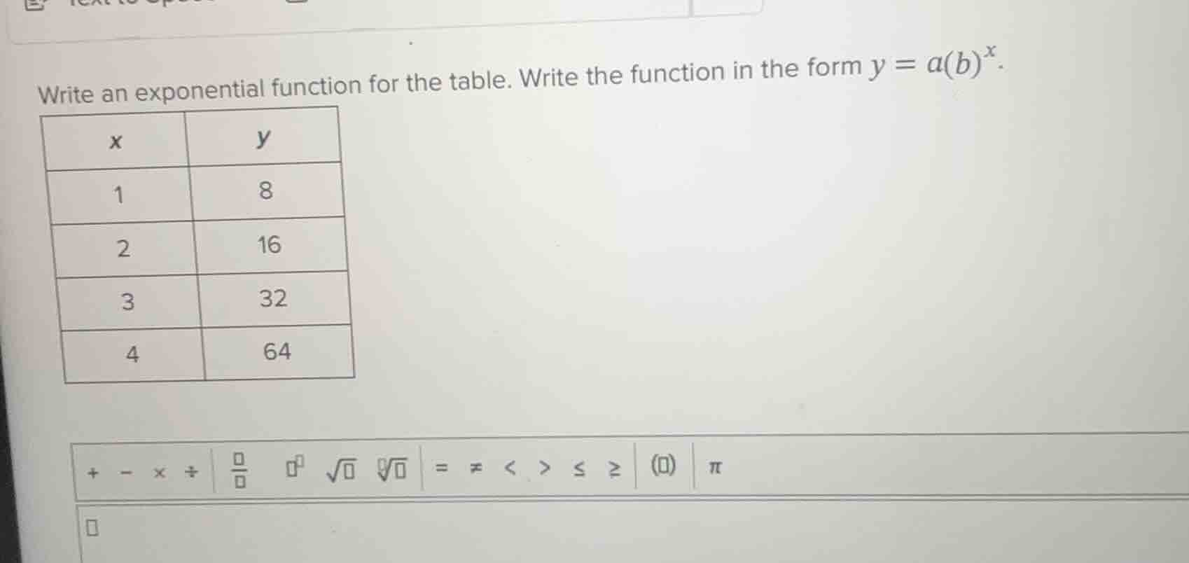 write an exponential function for the table. write the function in the …