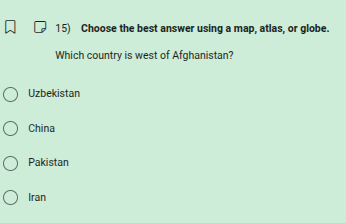 15) choose the best answer using a map, atlas, or globe. which country …