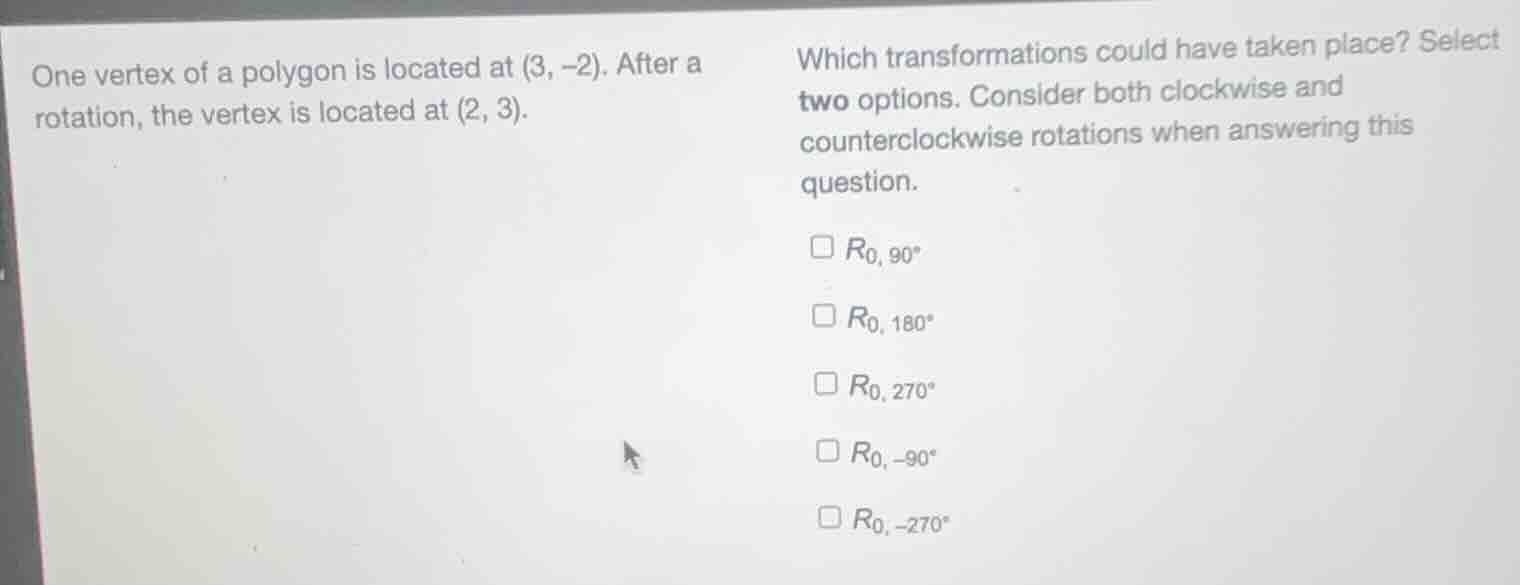 one vertex of a polygon is located at (3, -2). after a rotation, the ve…