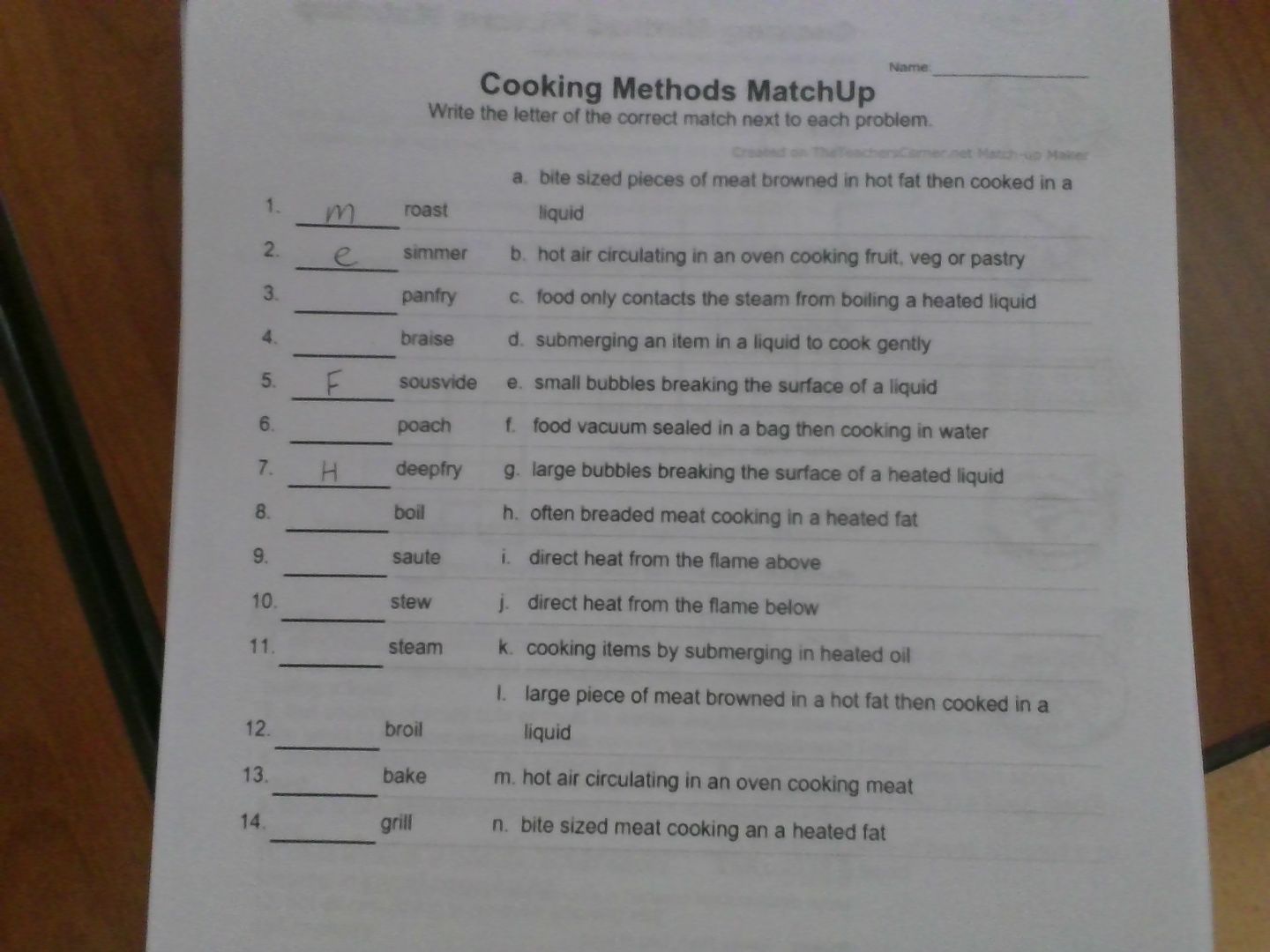 cooking methods matchup write the letter of the correct match next to e…