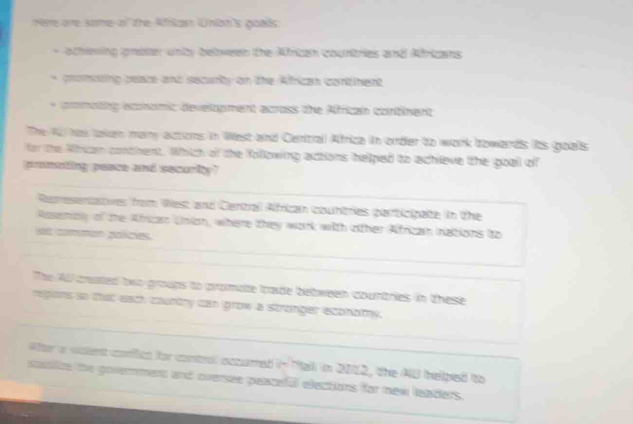 here are some of the african union’s goals: - achieving greater unity b…