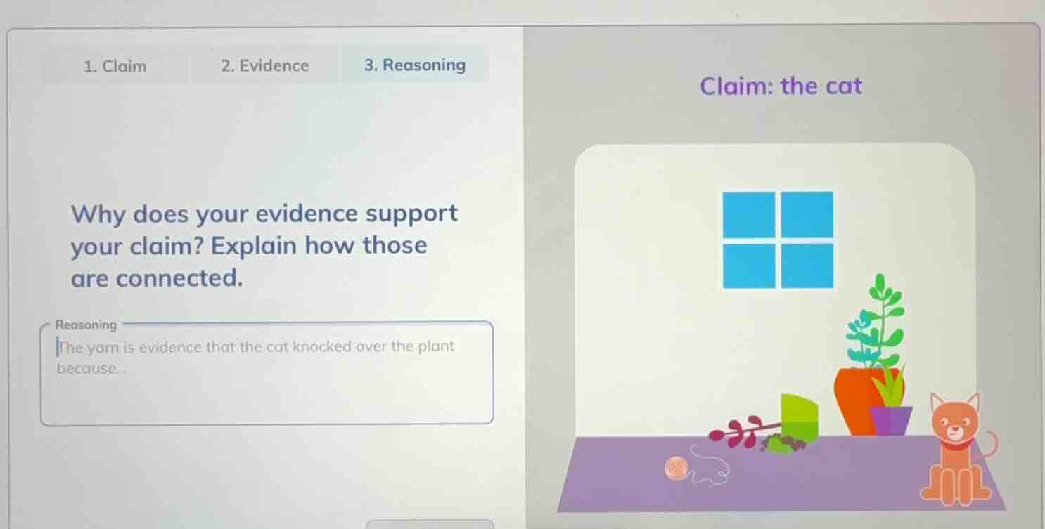 1. claim 2. evidence 3. reasoning why does your evidence support your c…