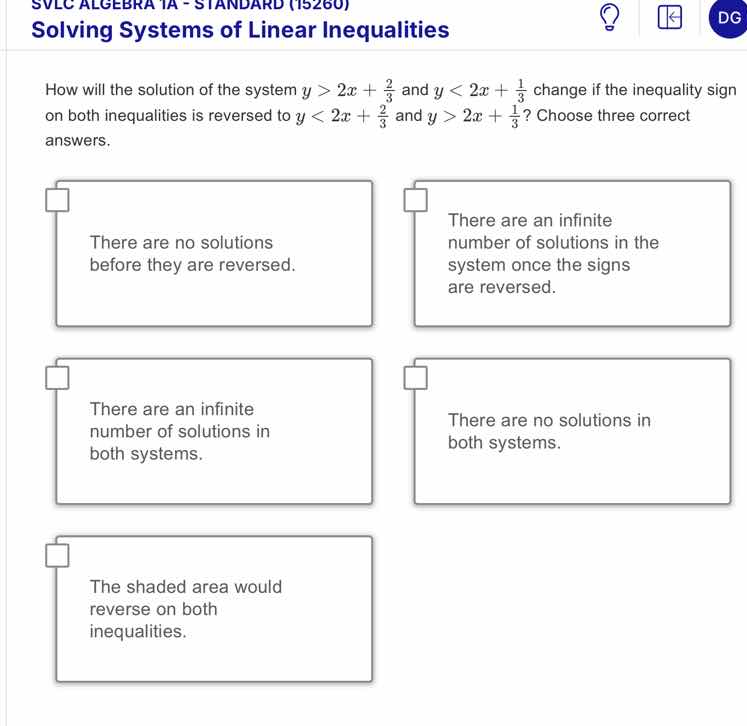 how will the solution of the system $y > 2x + \\frac{2}{3}$ and $y < 2x…