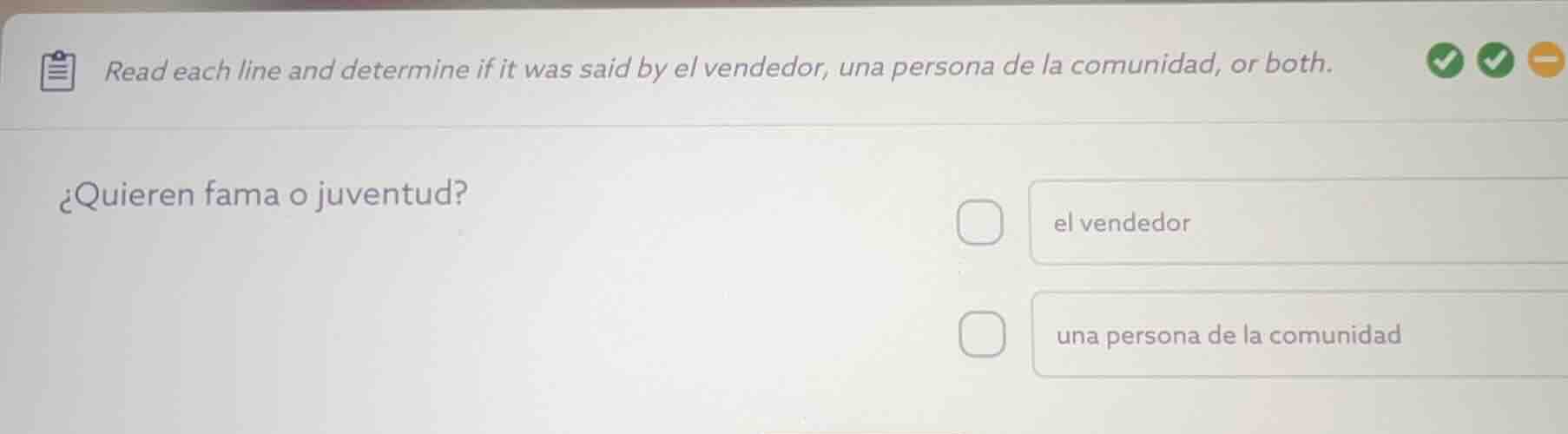 read each line and determine if it was said by el vendedor, una persona…
