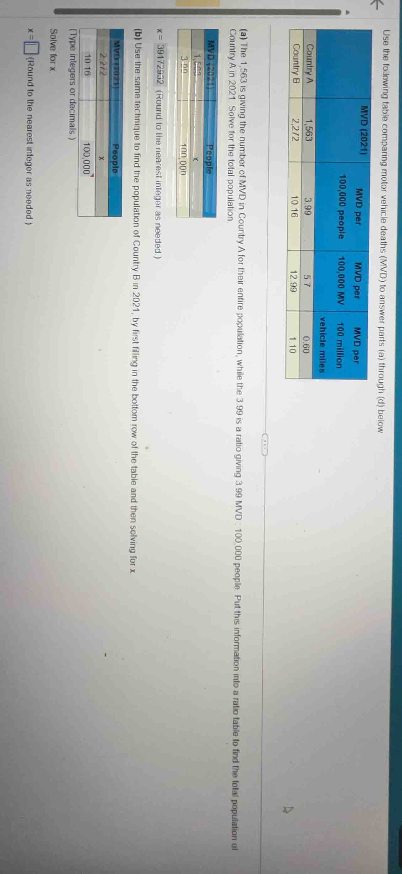 use the following table comparing motor vehicle deaths (mvd) to answer …
