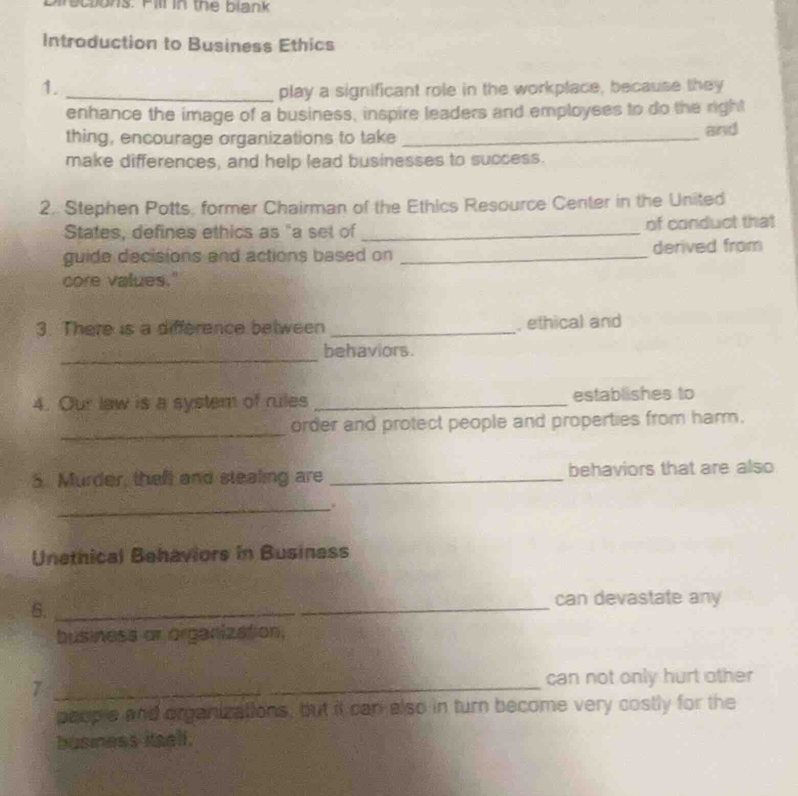 directions: fill in the blank introduction to business ethics 1. ______…