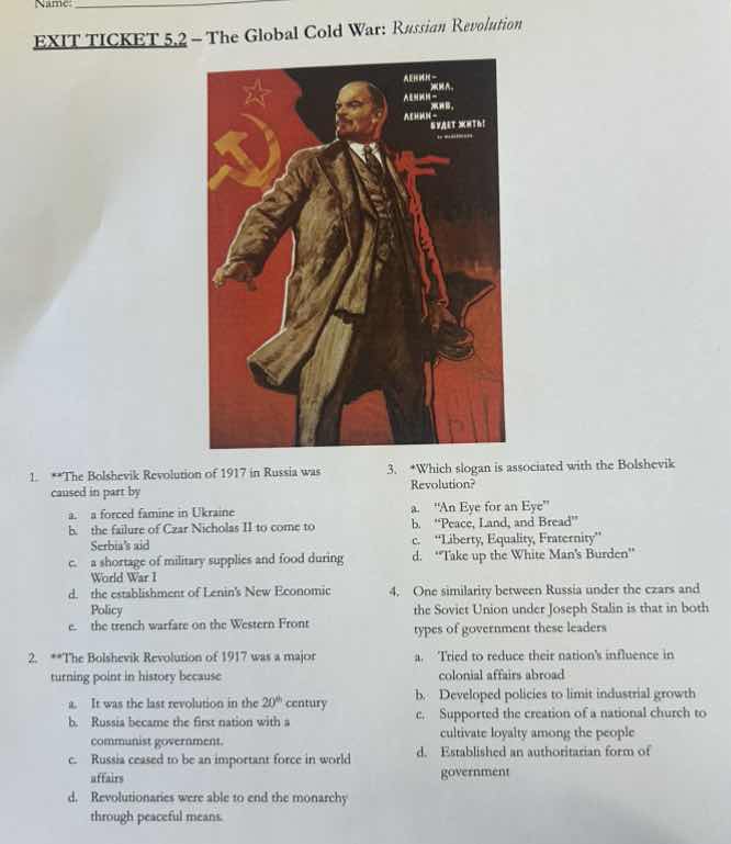 name: exit ticket 5.2 – the global cold war: russian revolution 1. **th…