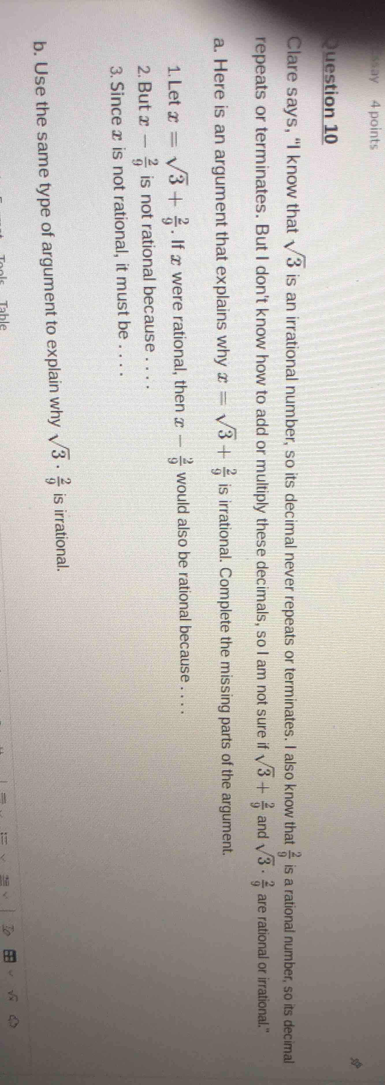 question 10 clare says, \i know that \\(\\sqrt{3}\\) is an irrational n…