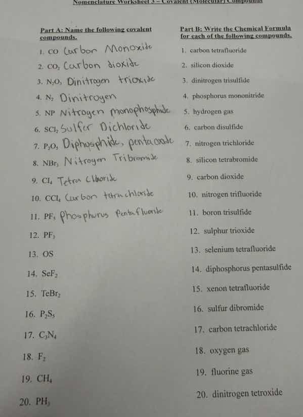 nomenclature worksheet 3 - covalent (molecular) compounds part a: name …