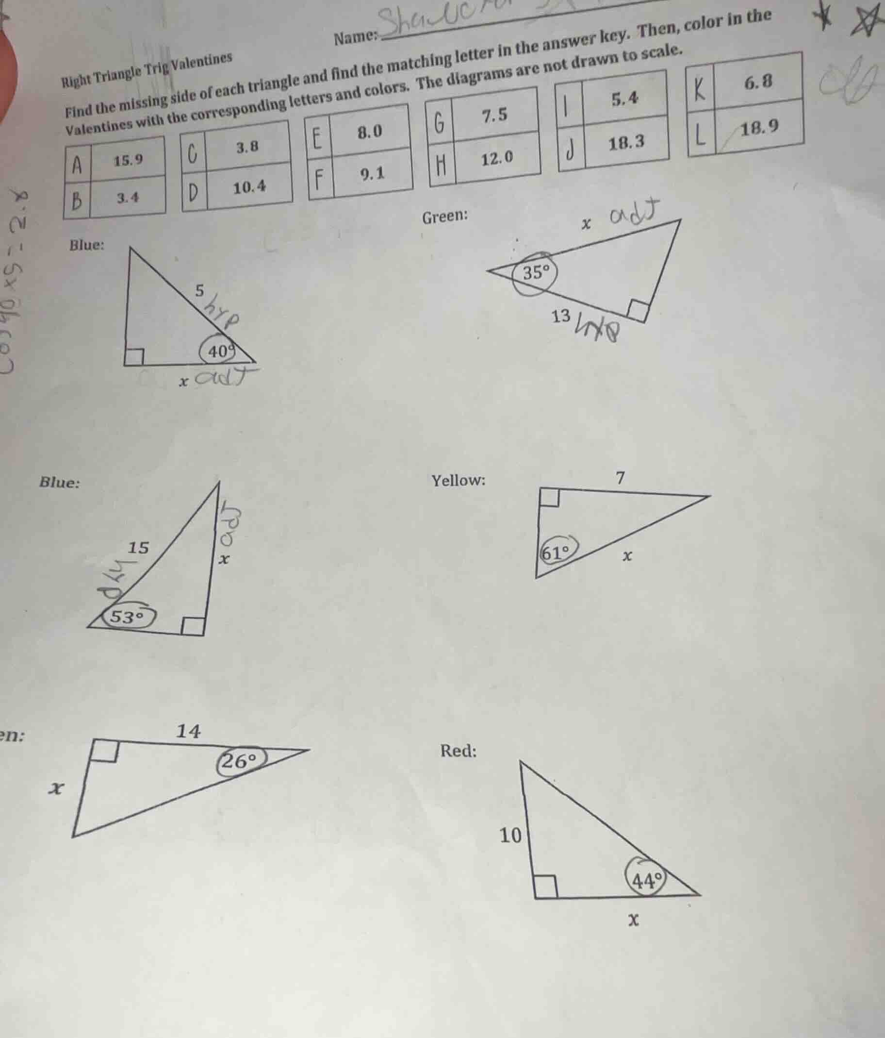 right triangle trig valentines find the missing side of each triangle a…