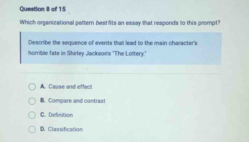 question 8 of 15 which organizational pattern best fits an essay that r…
