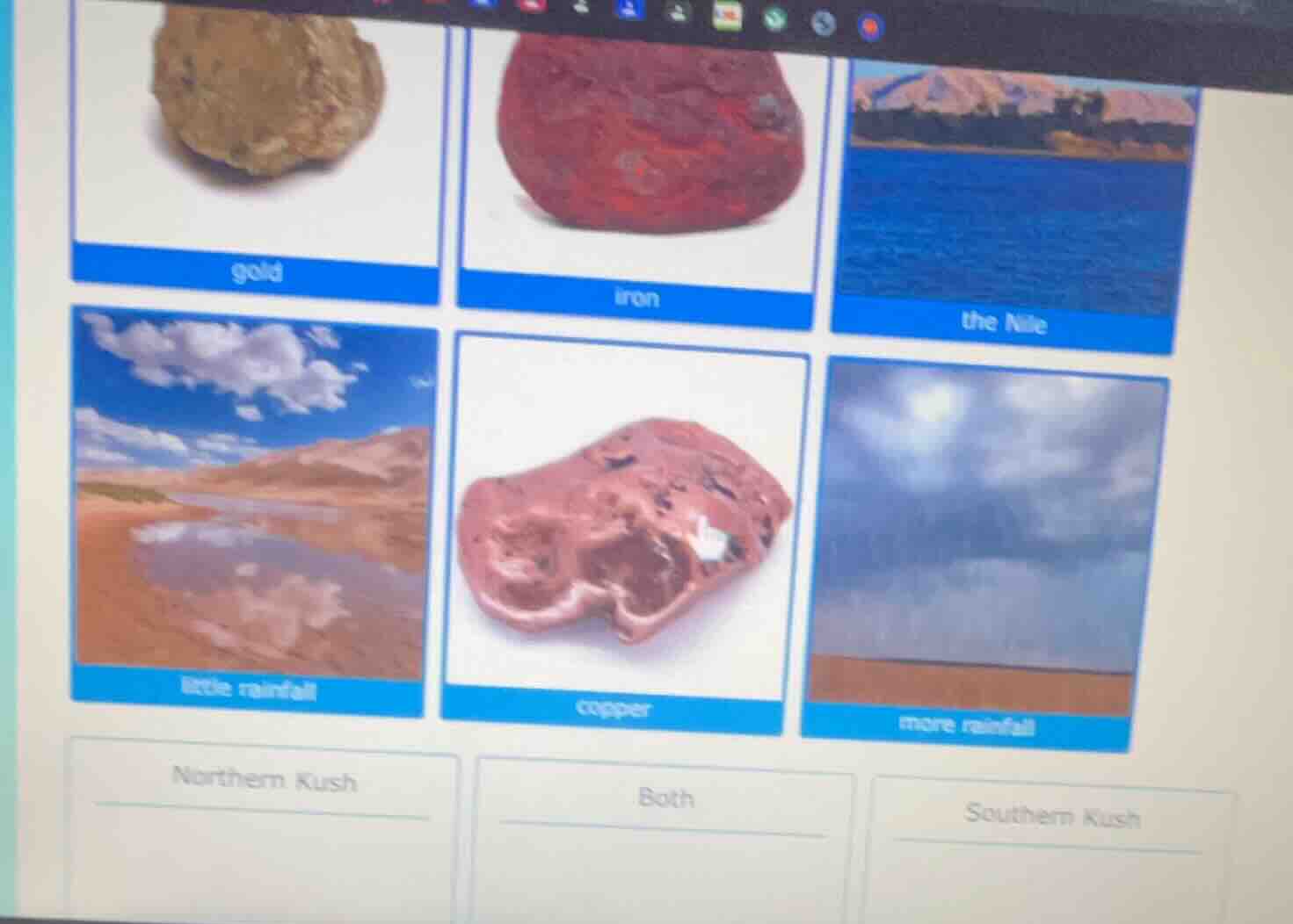 gold, iron, the nile, little rainfall, copper, more rainfall; northern …