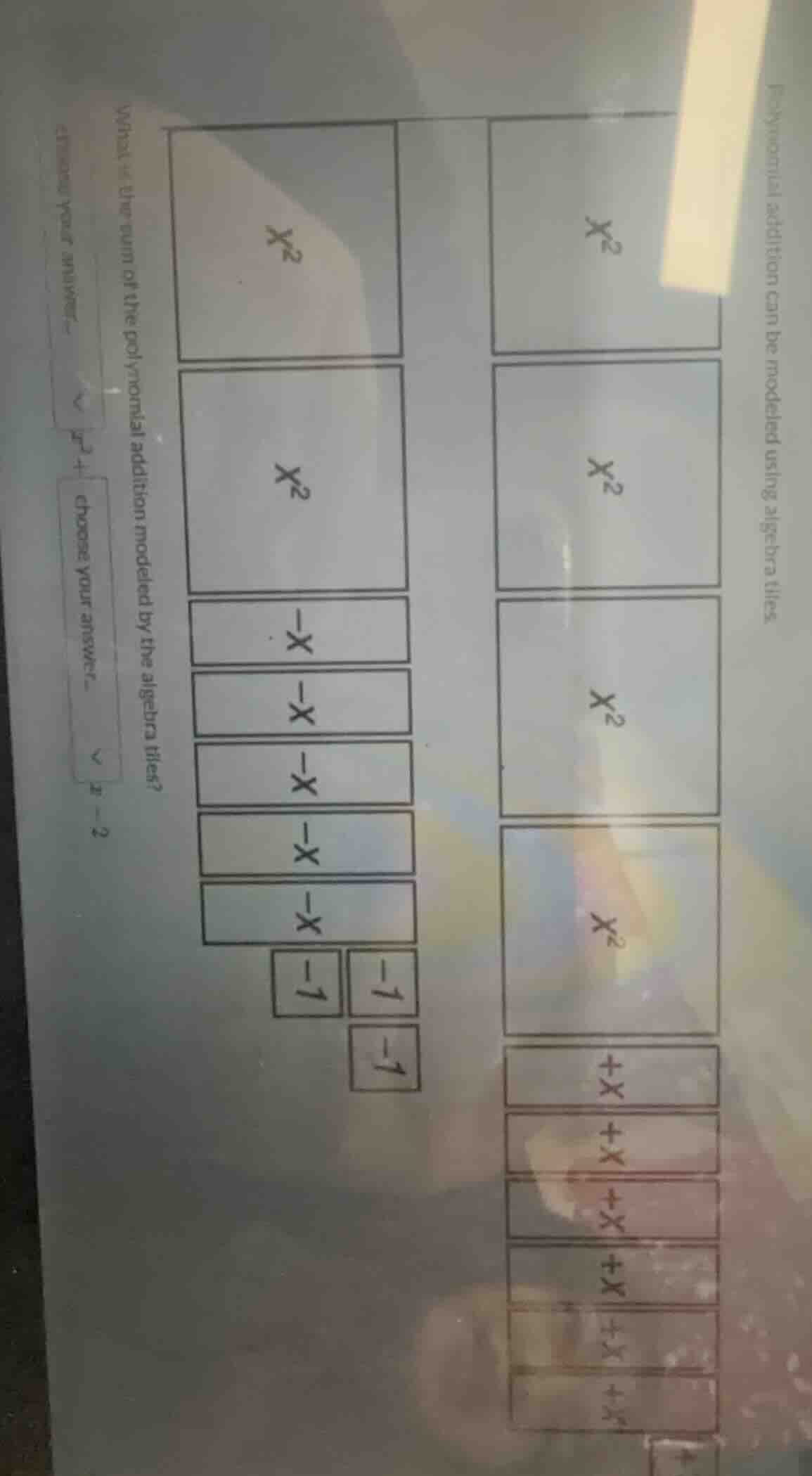 polynomial addition can be modeled using algebra tiles. what is the sum…
