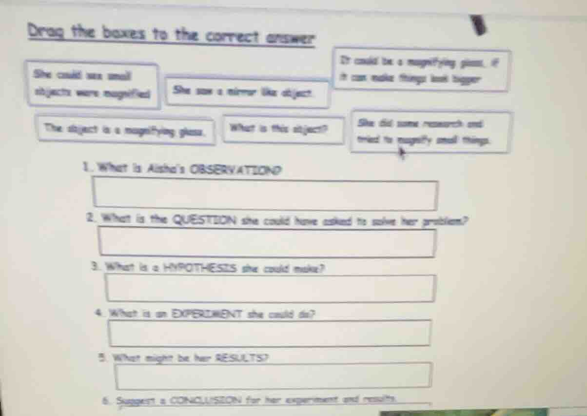 drag the boxes to the correct answer she could see small objects were m…