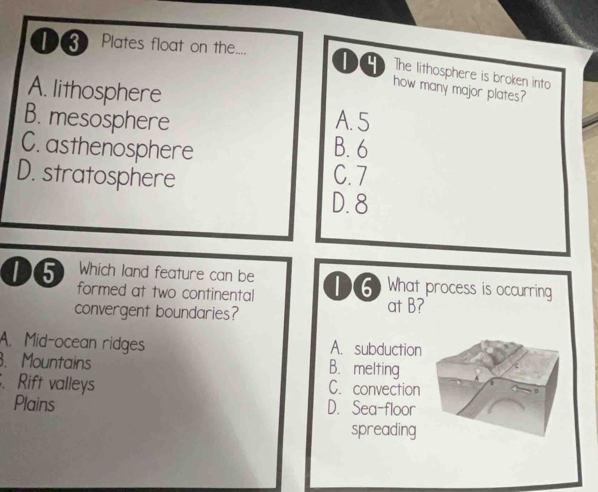 1 3 plates float on the... a. lithosphere b. mesosphere c. asthenospher…