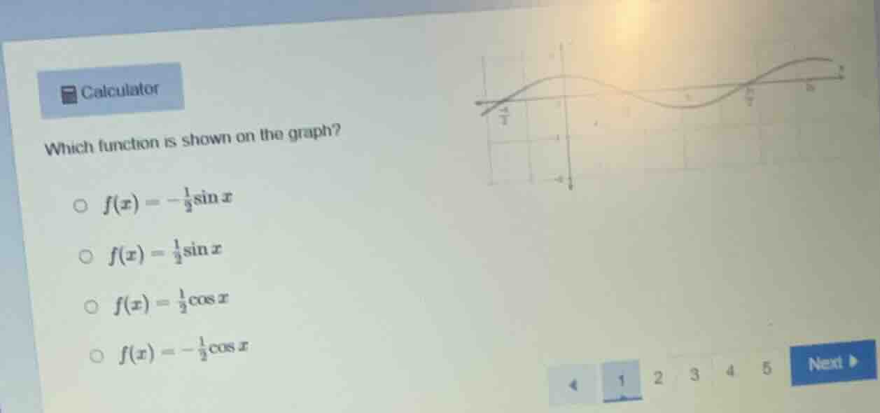 calculator which function is shown on the graph? $f(x) = -\frac{1}{2}si…
