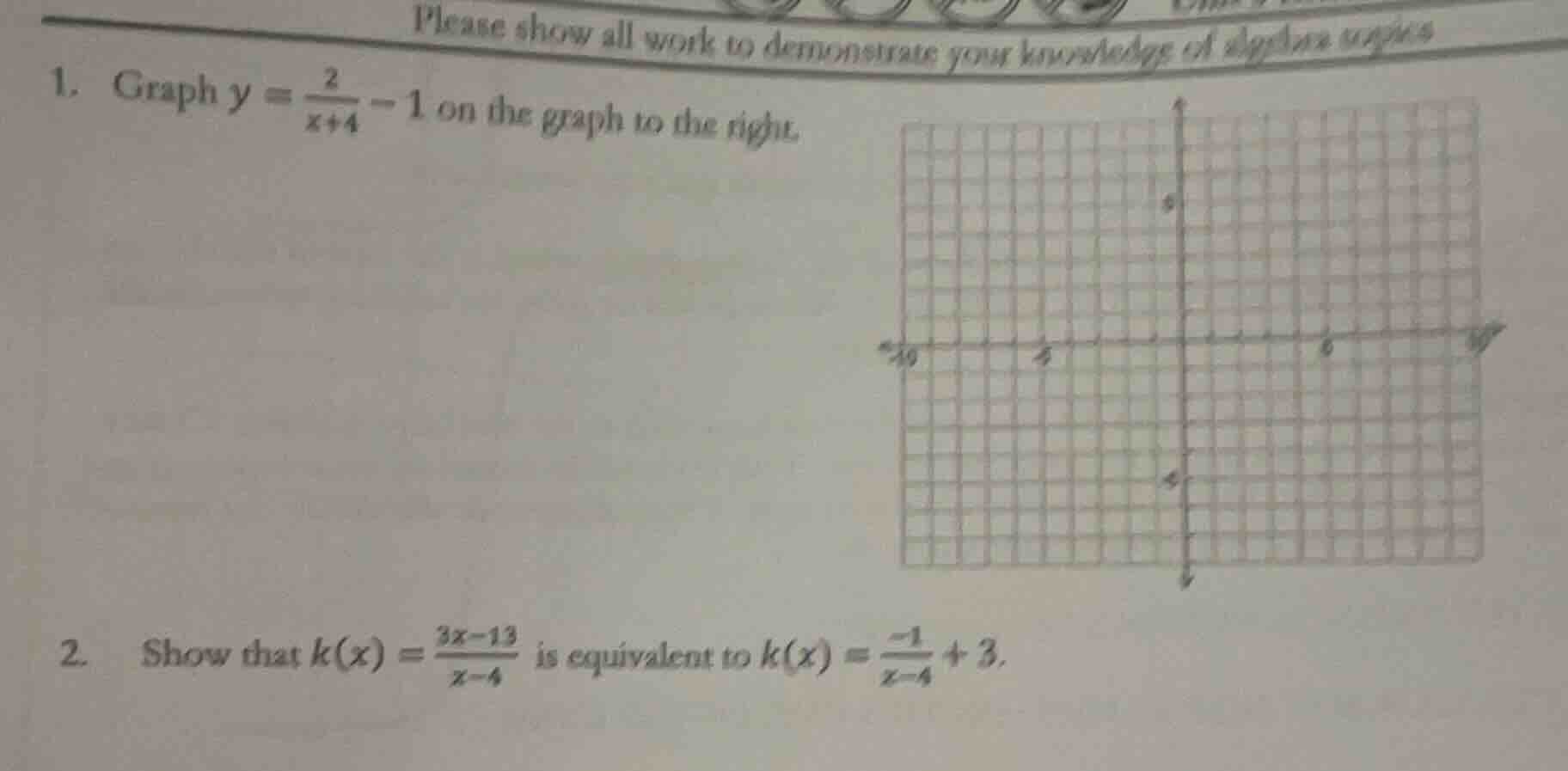please show all work to demonstrate your knowledge of algebra topics 1.…