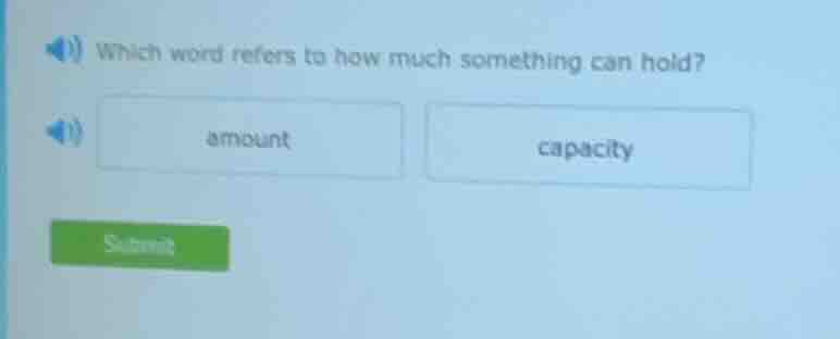 which word refers to how much something can hold? amount capacity submit