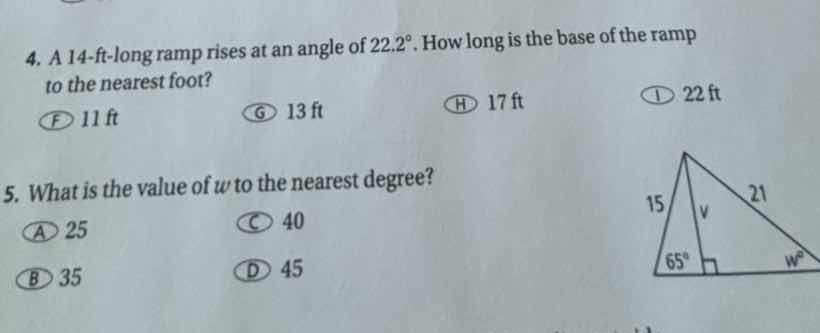 4. a 14-ft-long ramp rises at an angle of 22.2°. how long is the base o…