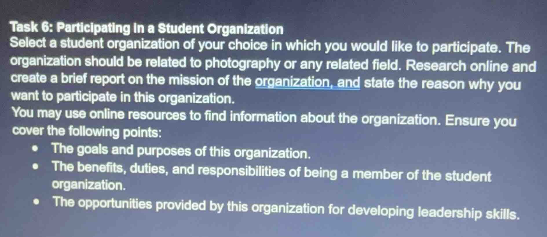 task 6: participating in a student organization select a student organi…
