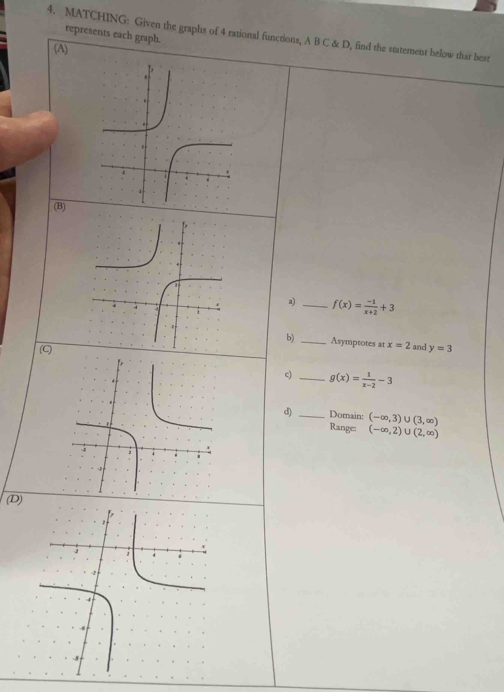 4. matching: given the graphs of 4 rational functions, a b c & d, find …