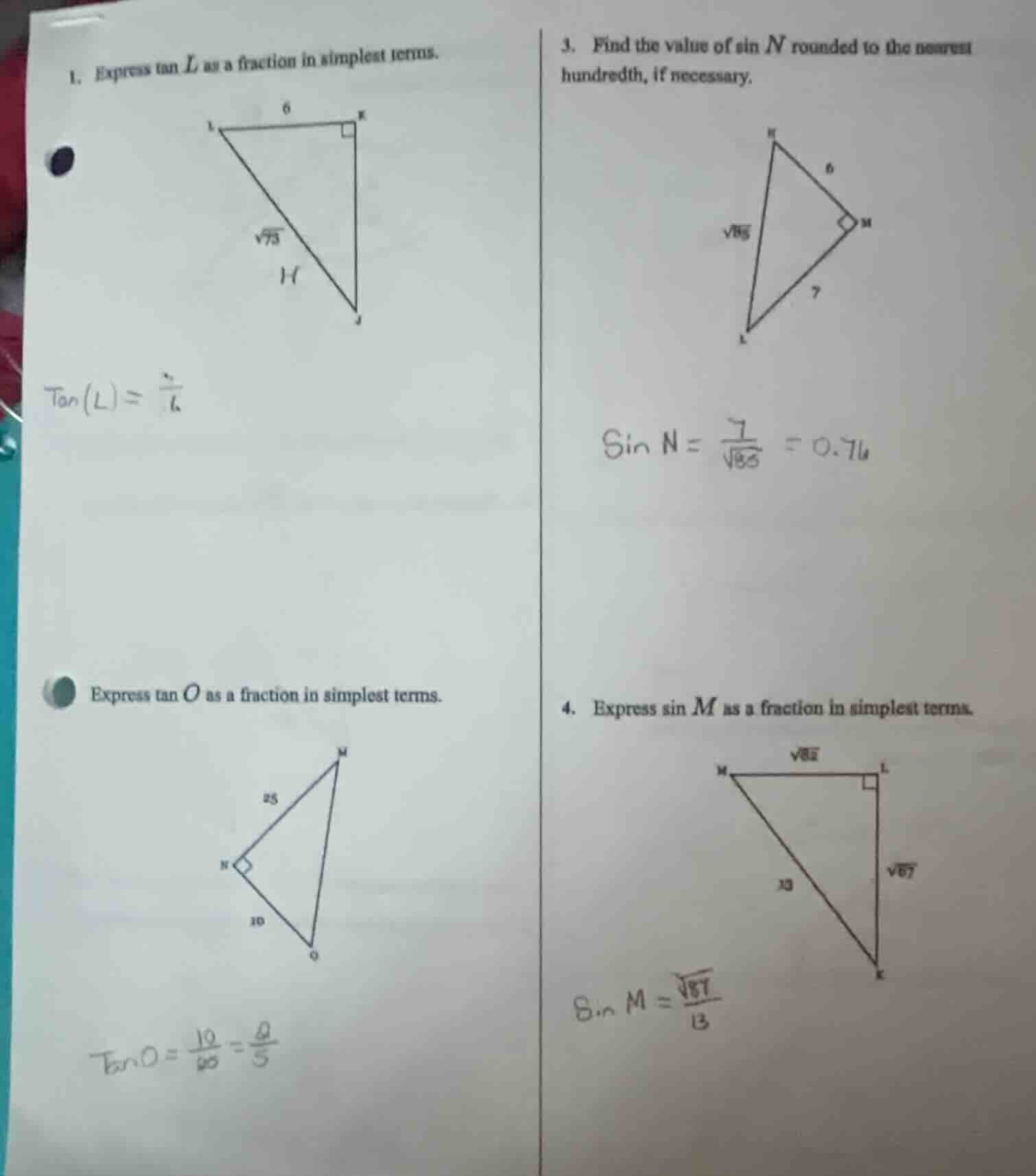 1. express tan l as a fraction in simplest terms. express tan o as a fr…