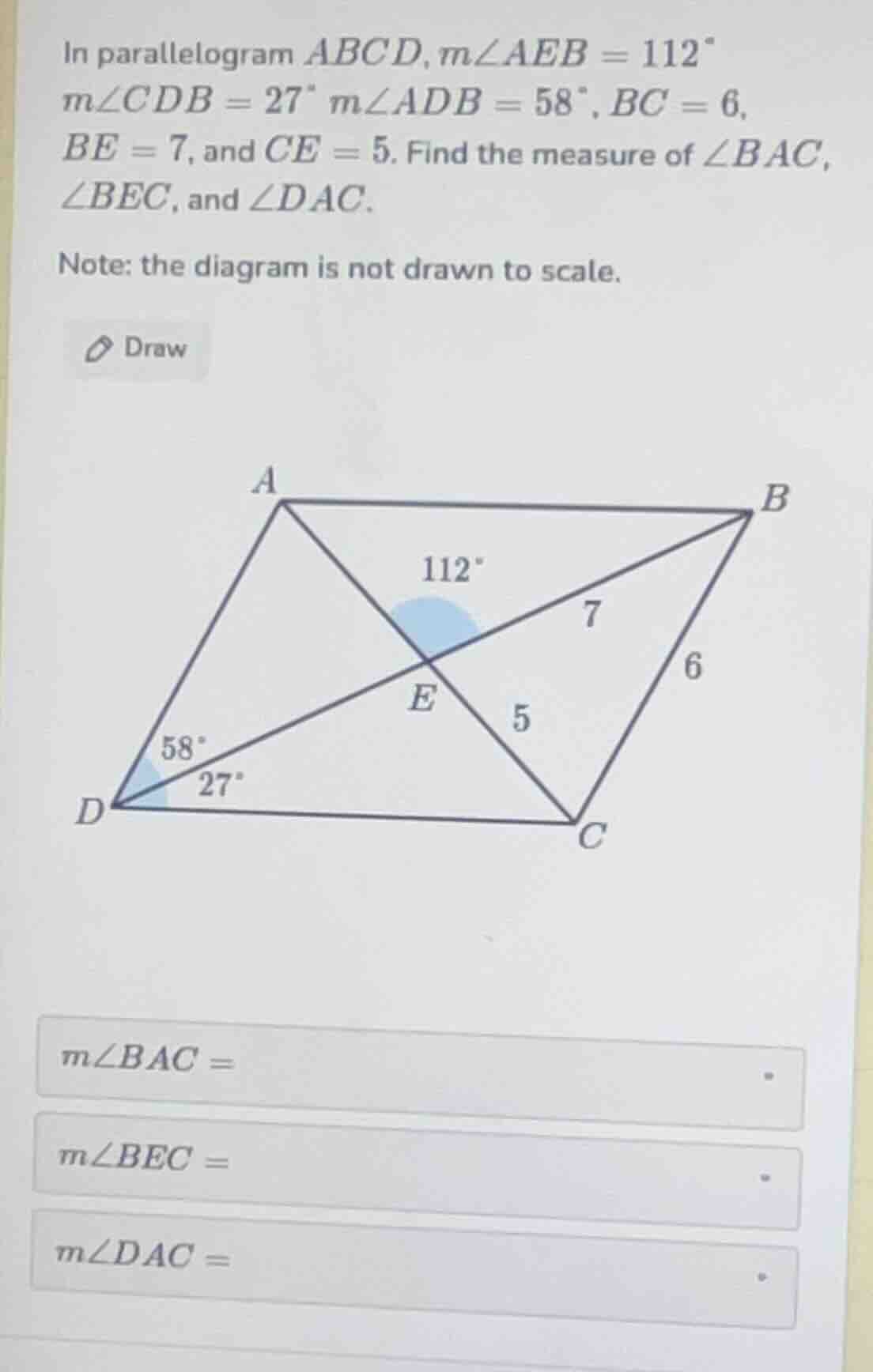 in parallelogram (abcd), (mangle aeb = 112^circ), (mangle cdb = 27^circ…