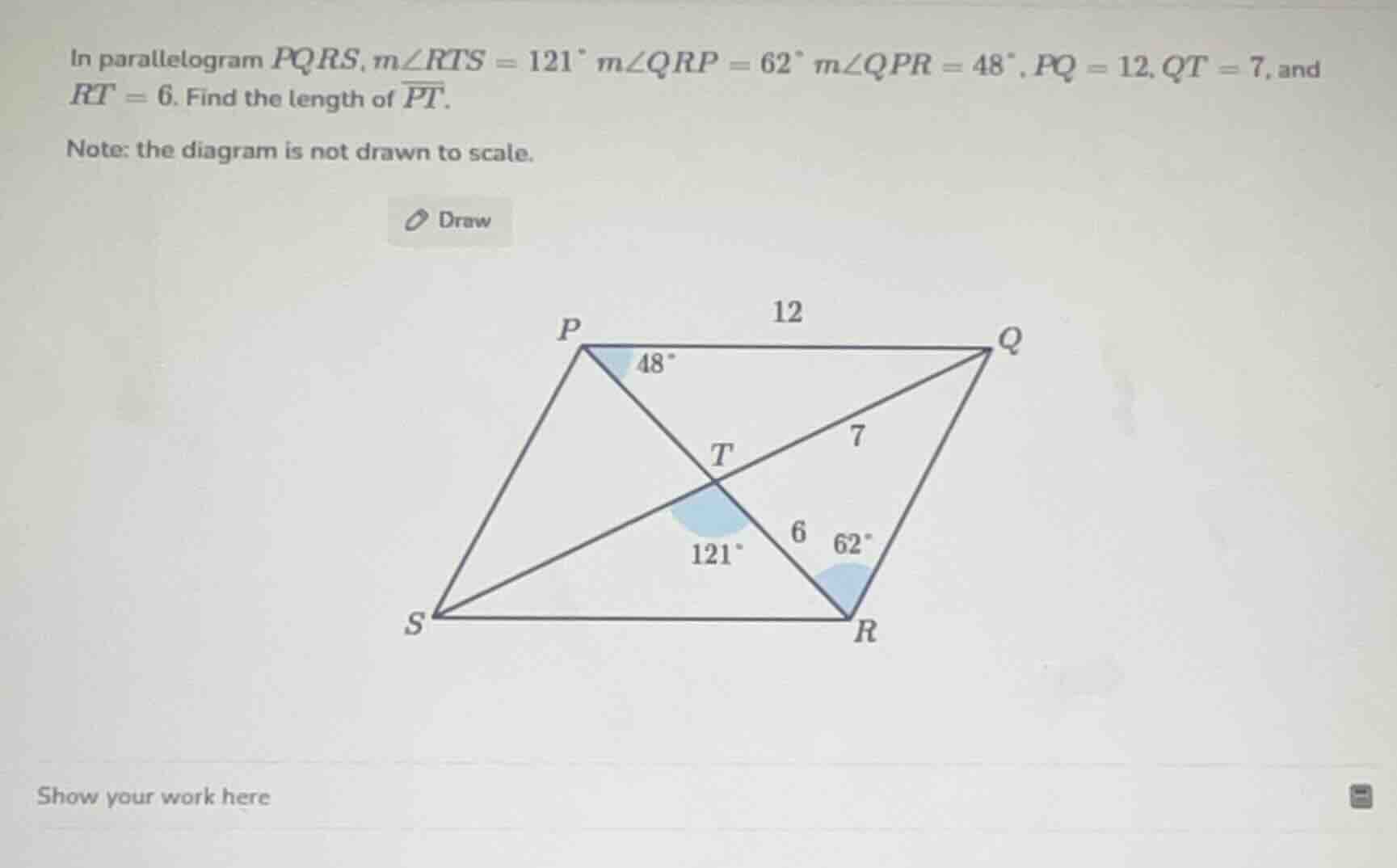 in parallelogram pqrs, ( mangle rts = 121^circ ), ( mangle qrp = 62^cir…
