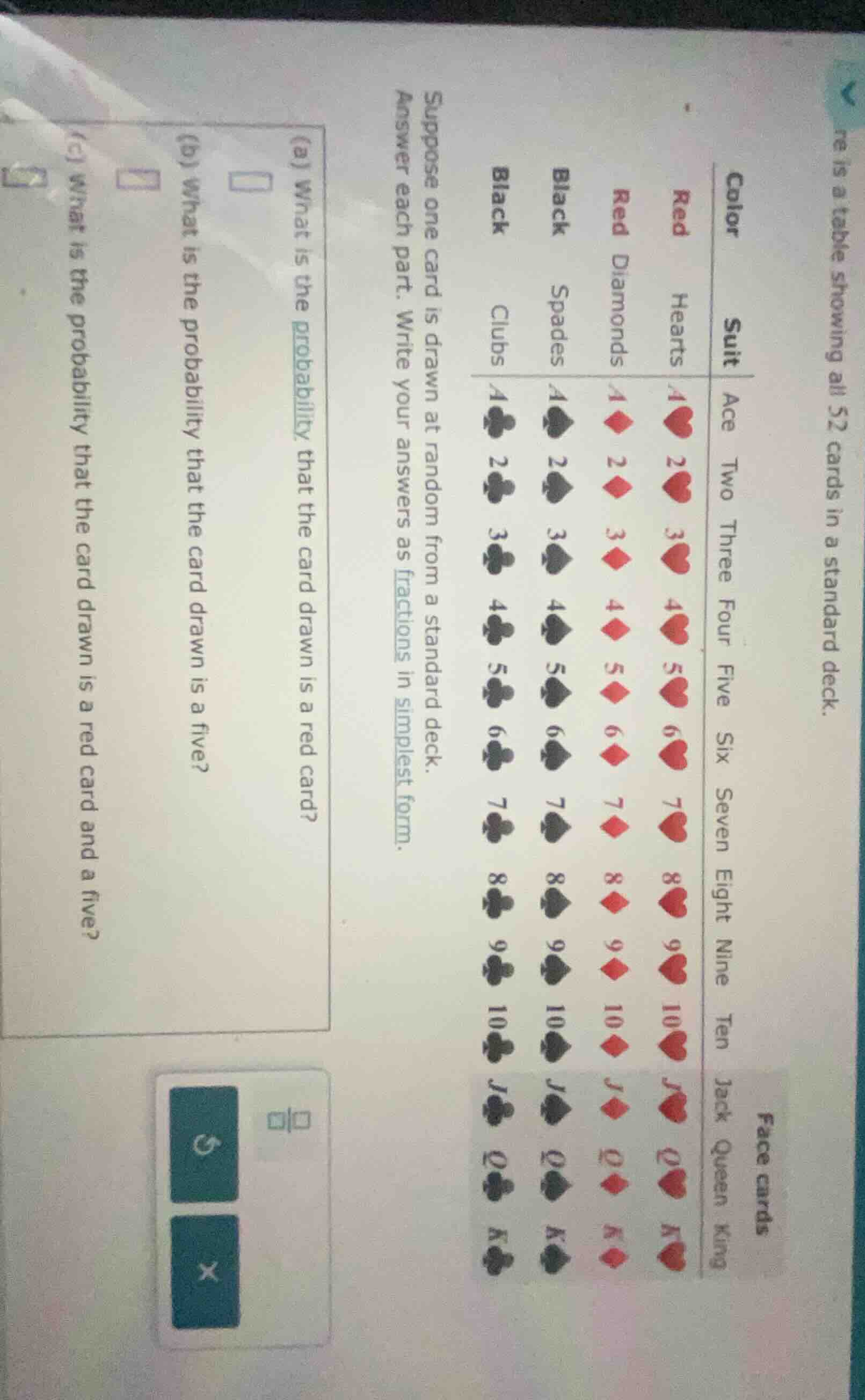 ne is a table showing all 52 cards in a standard deck. suppose one card…