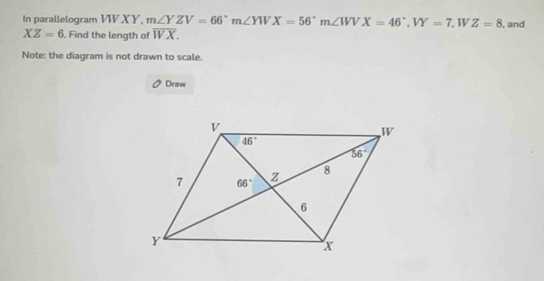 in parallelogram vwxy, ( mangle yzv = 66^circ ), ( mangle ywx = 56^circ…