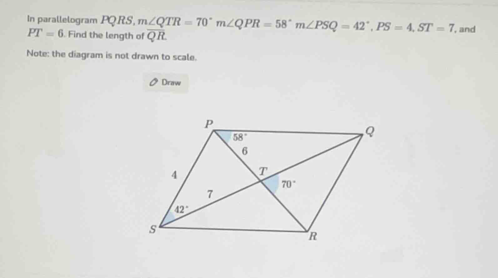 in parallelogram pqrs, ( mangle qtr = 70^circ ), ( mangle qpr = 58^circ…