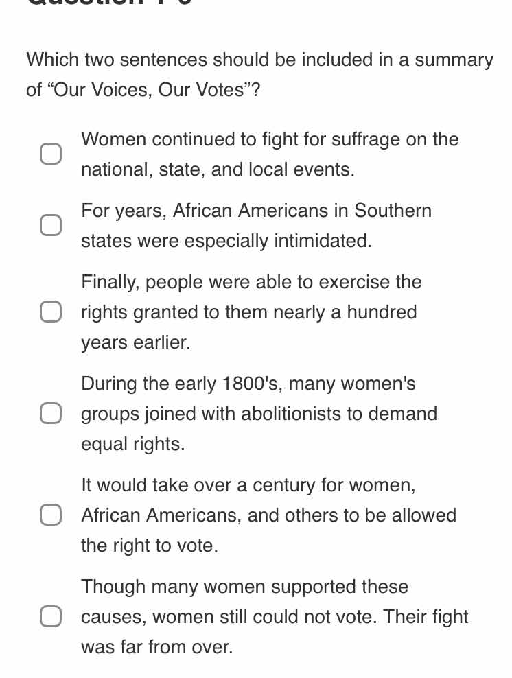 which two sentences should be included in a summary of “our voices, our…