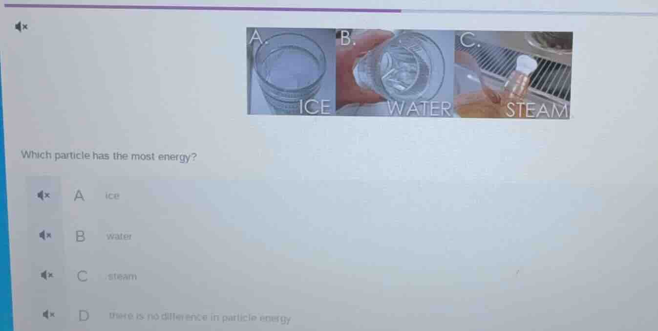 a. ice b. water c. steam which particle has the most energy? a ice b wa…
