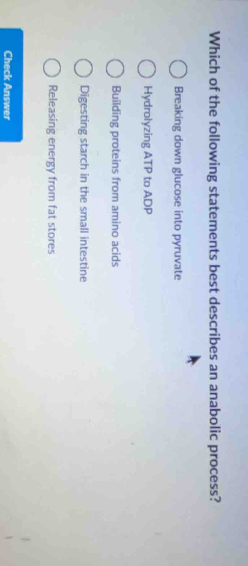 which of the following statements best describes an anabolic process? b…