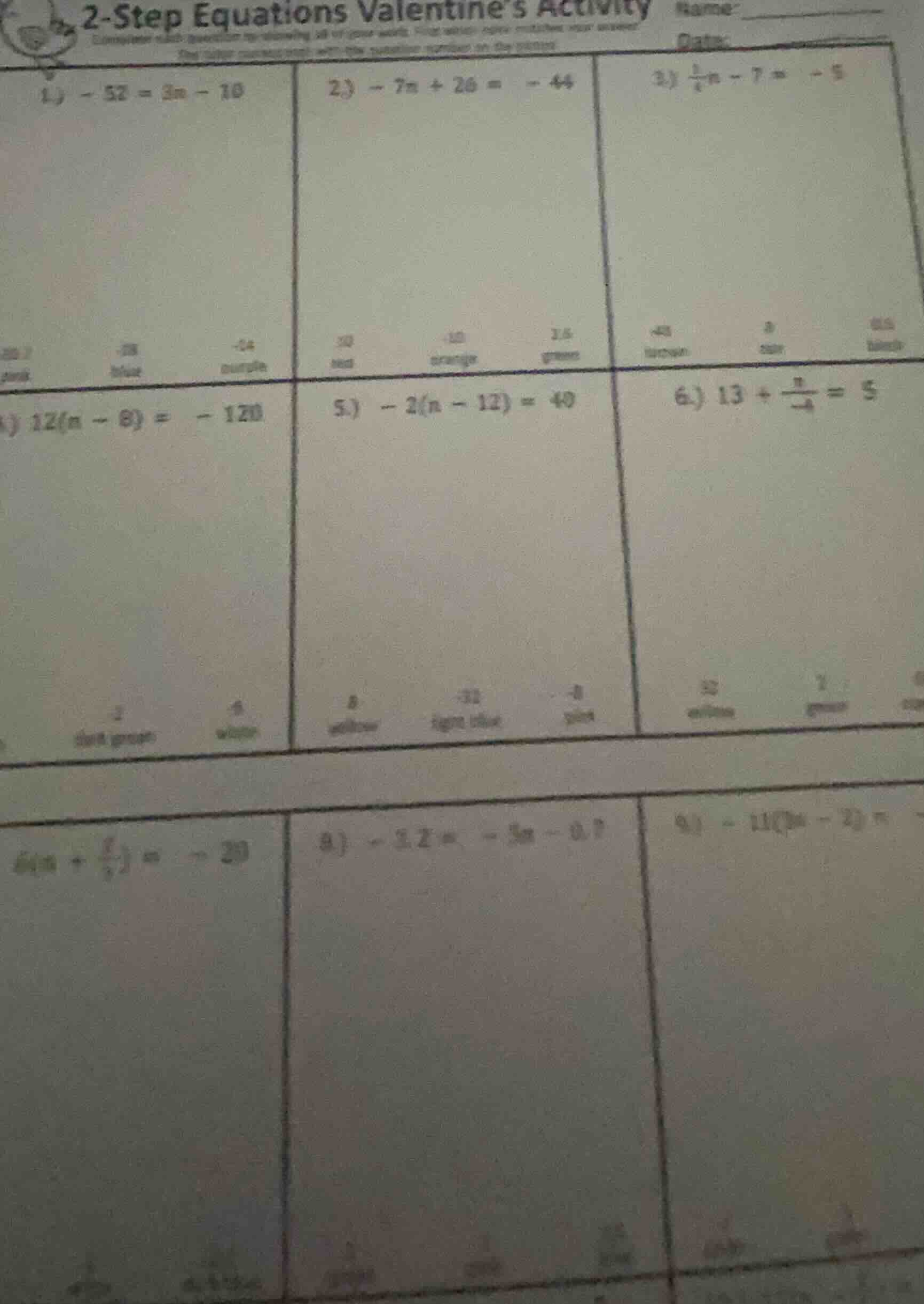 2-step equations valentines activity name 1) -52 = 3m - 10 2) -7m + 26 …