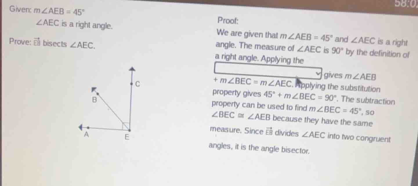 given: ( mangle aeb = 45^circ ) ( angle aec ) is a right angle. prove: …