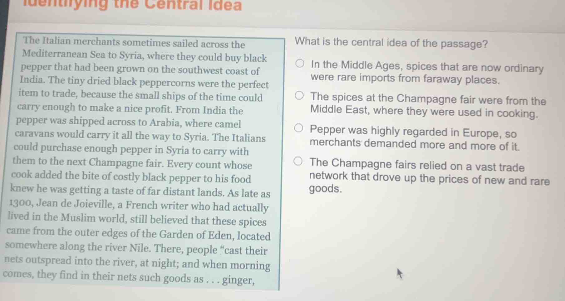 identifying the central idea the italian merchants sometimes sailed acr…