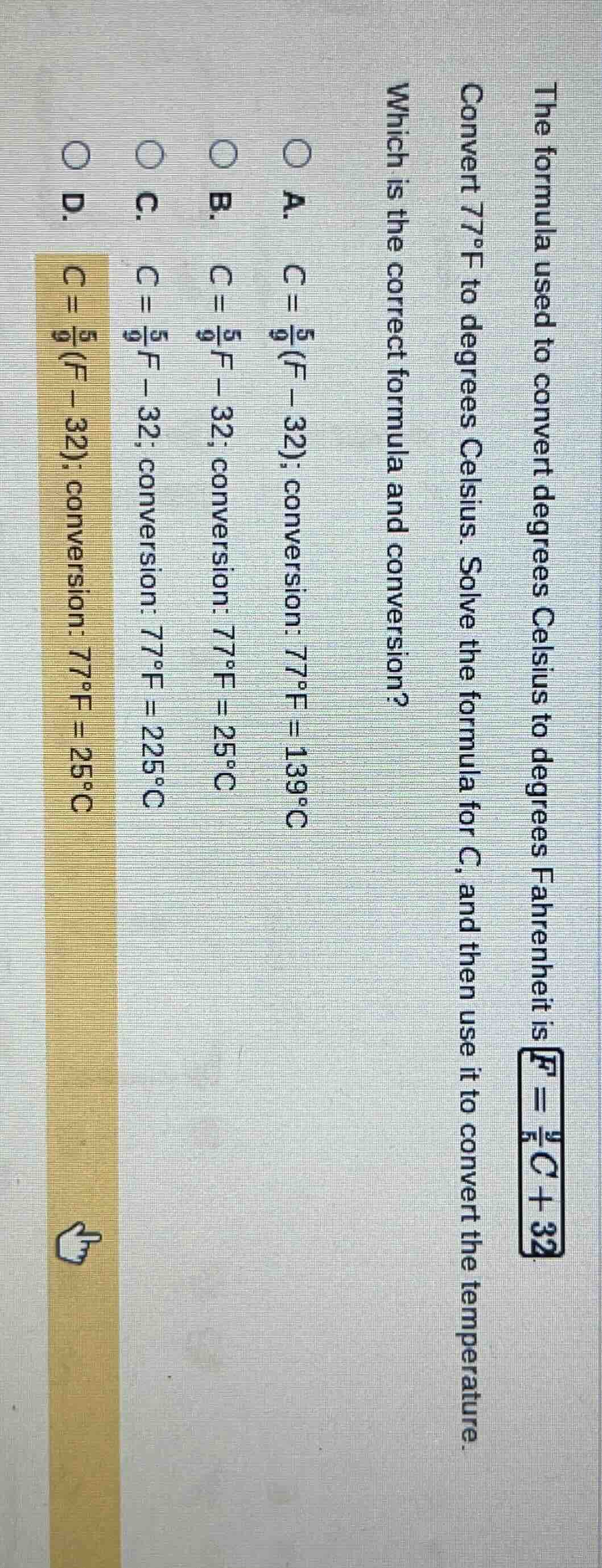the formula used to convert degrees celsius to degrees fahrenheit is $f…