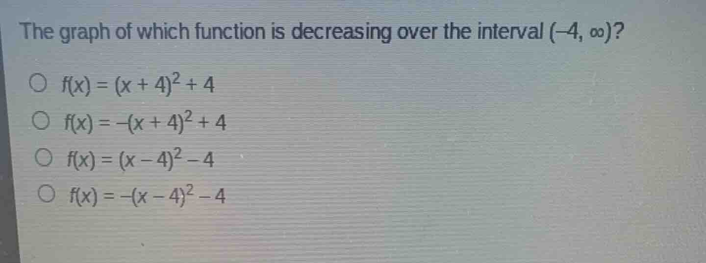 the graph of which function is decreasing over the interval $(-4, \\inf…