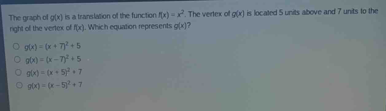 the graph of g(x) is a translation of the function f(x) = x². the verte…