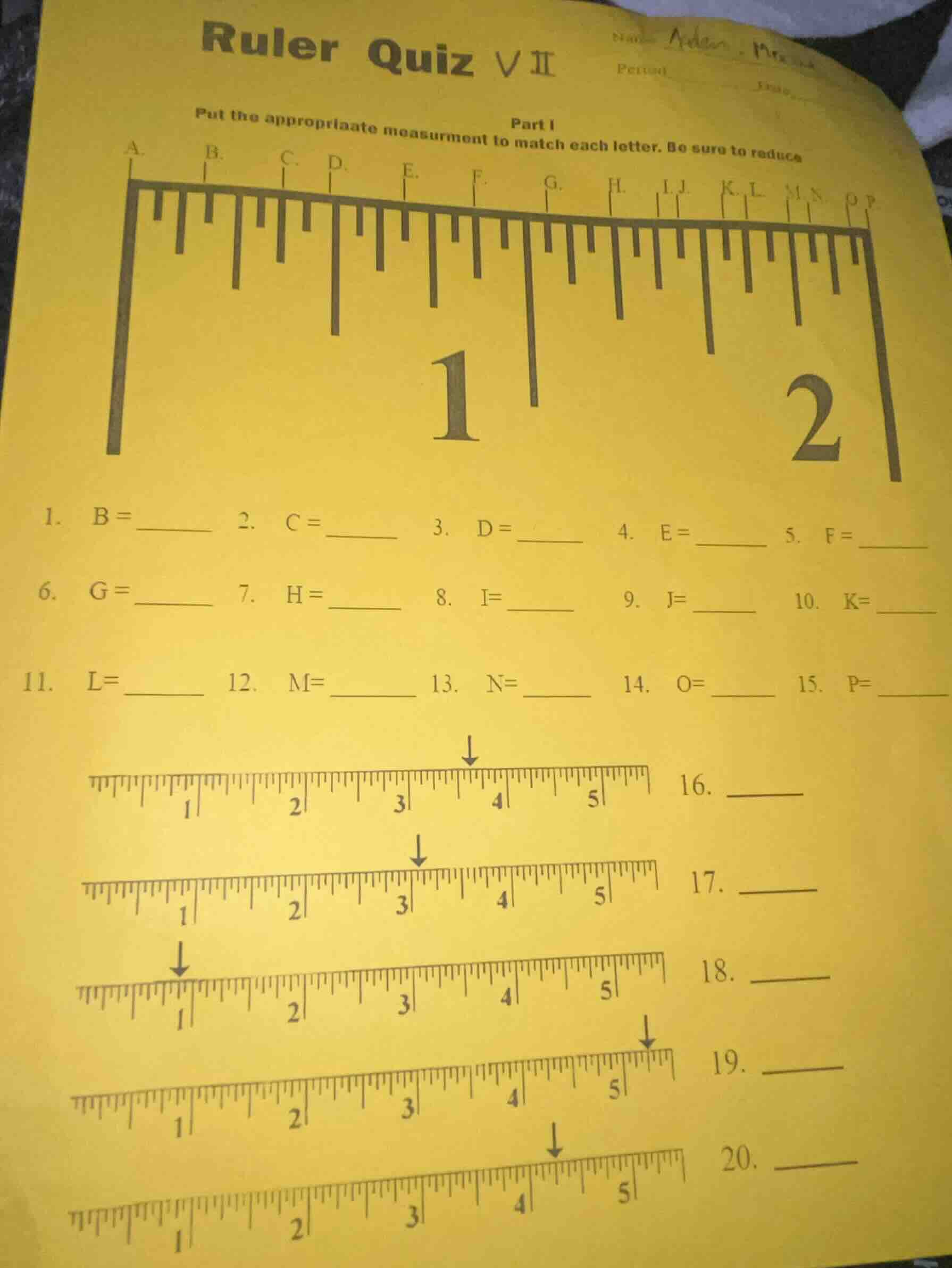 ruler quiz ⅶ part i put the appropriate measurement to match each lette…