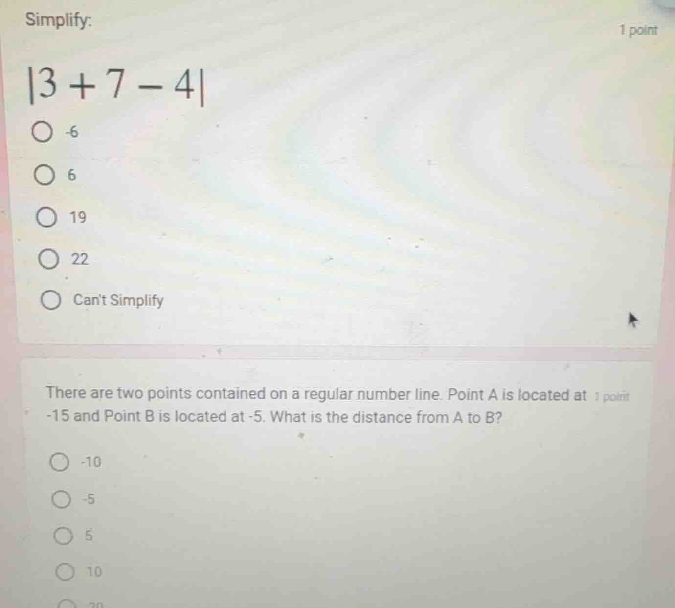 simplify: |3 + 7 - 4| -6 6 19 22 cant simplify there are two points con…