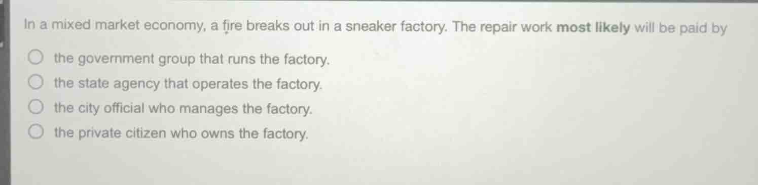 in a mixed market economy, a fire breaks out in a sneaker factory. the …