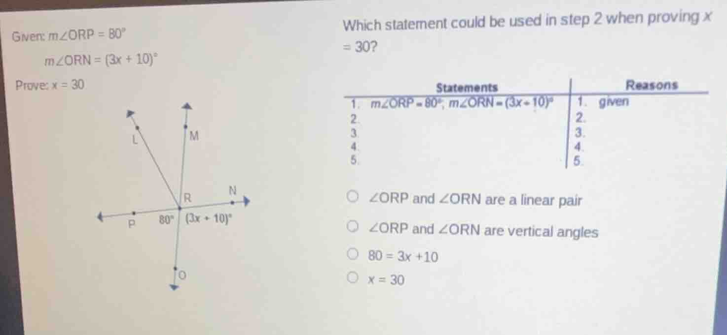 given: ( mangle orp = 80^circ ) ( mangle orn = (3x + 10)^circ ) prove: …