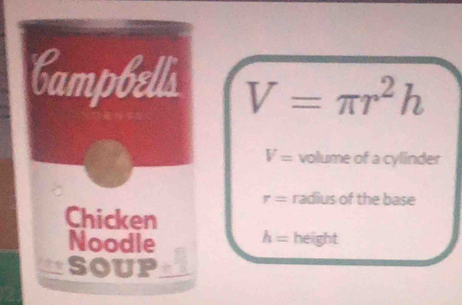 campbells chicken noodle soup; $v = pi r^2 h$; $v = $ volume of a cylin…